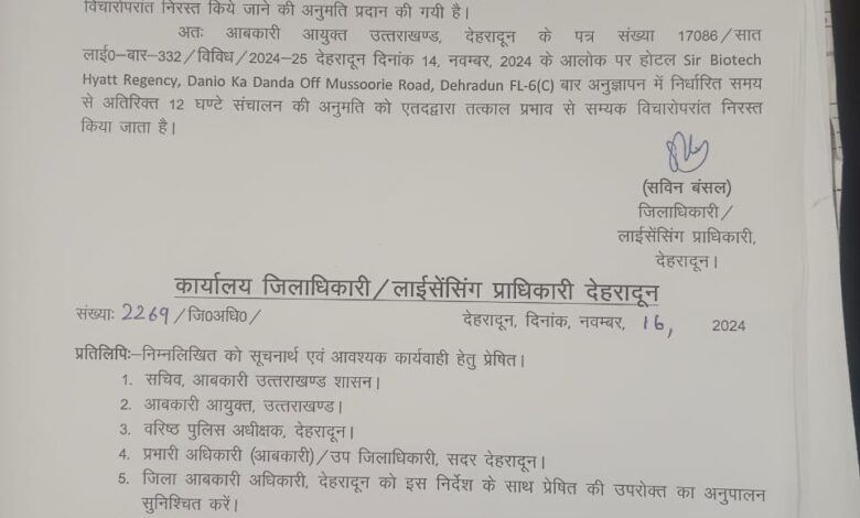 हयात रेसीडेंसी को 24 घंटे बार संचालन की अनुमति को आबकारी आयुक्त ने किया निरस्त हयात रेसीडेंसी को 24 घंटे बार संचालन की अनुमति को आबकारी आयुक्त ने किया निरस्त
