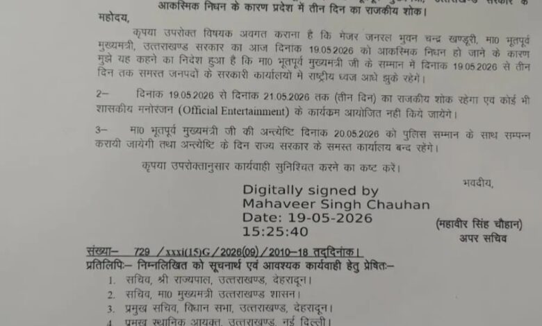Uttarakhand: पूर्व सीएम भुवन चंद्र खंडूड़ी का निधन, उत्तराखंड में तीन दिन का राजकीय शोक घोषित Uttarakhand: पूर्व सीएम भुवन चंद्र खंडूड़ी का निधन, उत्तराखंड में तीन दिन का राजकीय शोक घोषित
